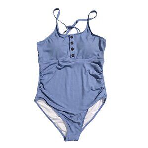 NWOT | Summer Mae | Blue | Ribbed Ruched Henley One-Piece Swimsuit | Medium